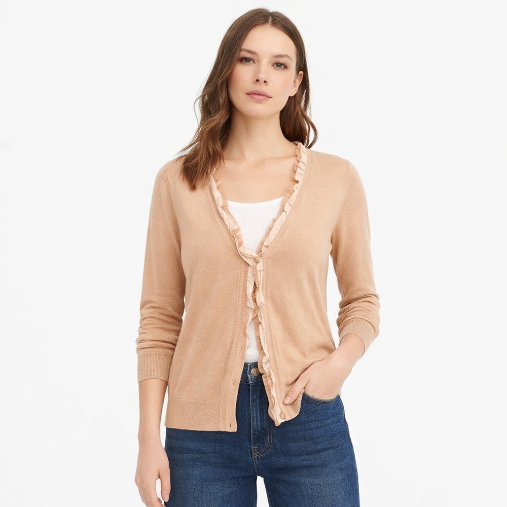 J. Crew Tan Ruffle Cardigan Lightweight Cotton Blend Knit Sweater